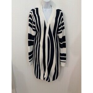 Roxy Cardigan Sweater Women's Navy Blue White Striped Classic M Long Line Cotton